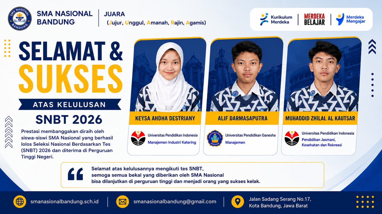 Prestasi Membanggakan! Siswa SMA Nasional Lolos Seleksi SNBT 2026